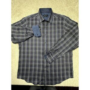 Bugatchi men's plaid long sleeve button down shirt blue and white Size Medium
